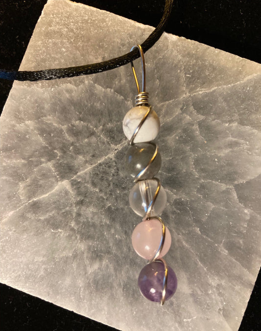 Stress Relief necklace - Copper Pendant Wire Wrapped - Crystal Healing Jewelry - Labradorite - Rose Quartz  - Howlite - Amethyst