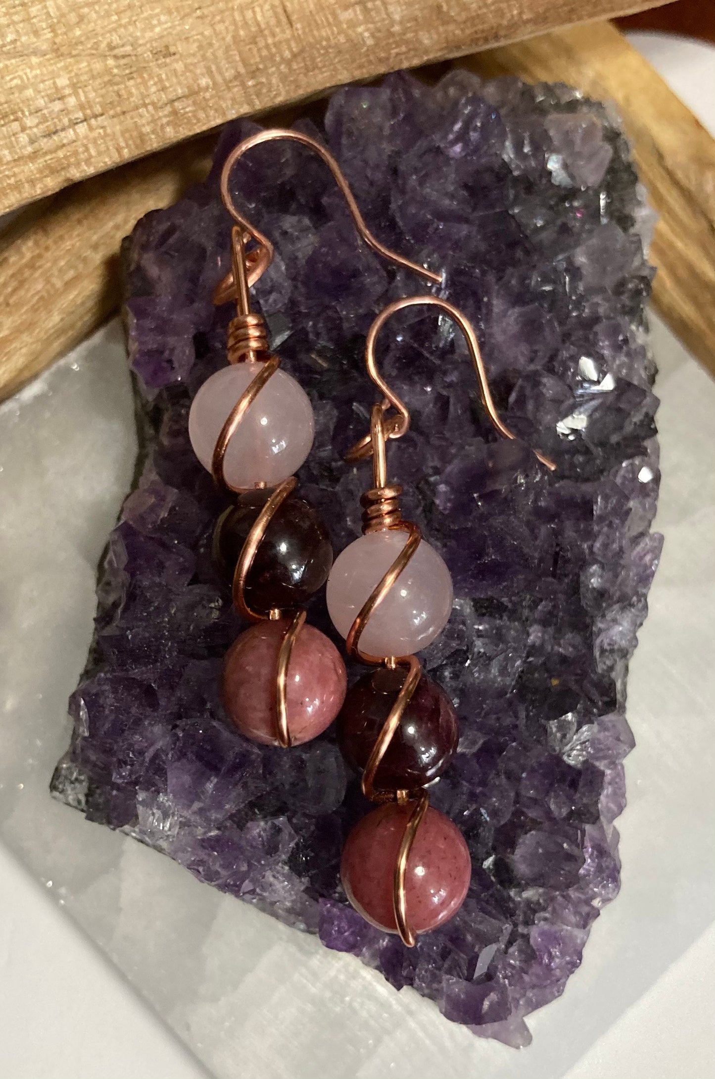 Attract Love Necklace & Earring set - Copper Wire Wrapped Crystal Healing Jewelry - Rose Quartz - Garnet - Rhodonite - Amethyst - Red Agate