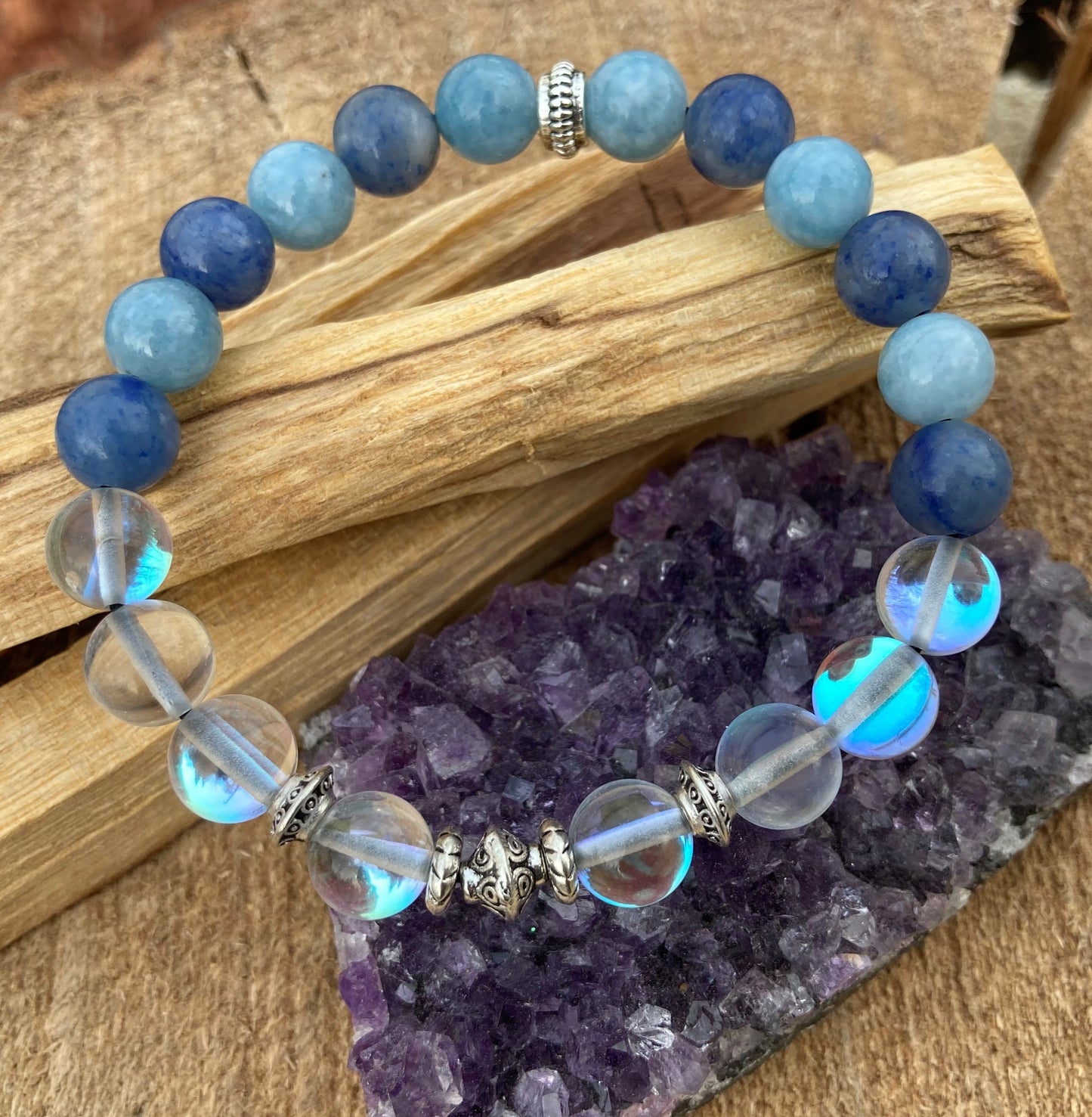 Throat Chakra Bracelet - Vishuddha - Crystal Healing Jewelry - Aquamarine - Aventurine -Aura Quartz