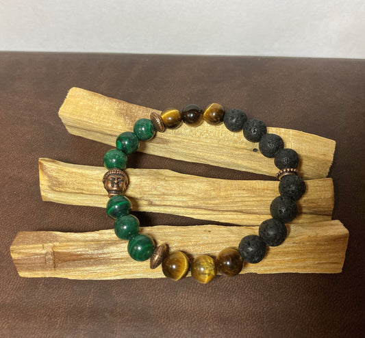 Protection & Good Luck Buddha bracelet - Malachite - Tigers eye - Copper - Lava beads