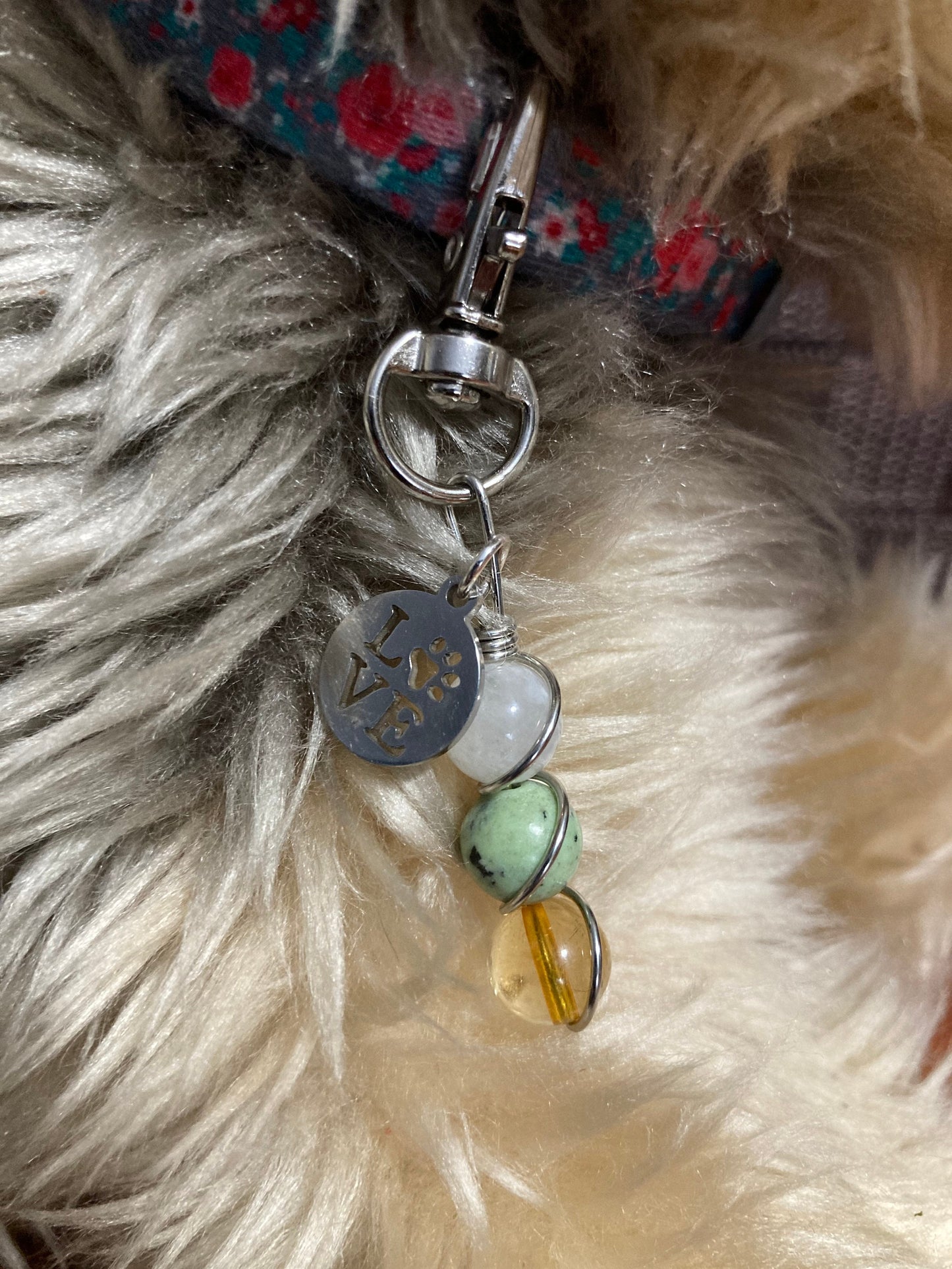 Dog and Cat Pet Collar Charm - Moonstone, Chrysoprase and Citrine Crystal for Healing, Calm & Positive Energy