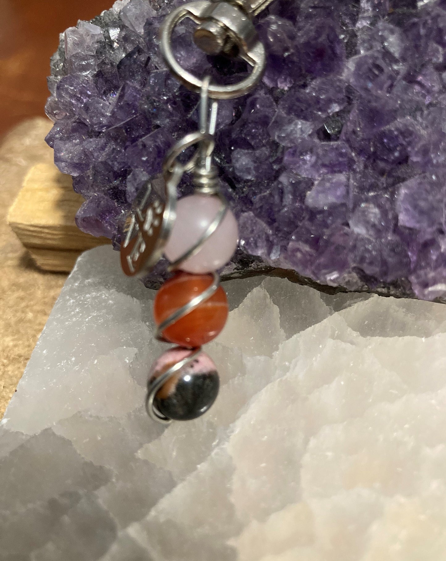 Crystal Healing Pet Charm for Dog Harness or Cat Collar - Rose Quartz - Carnelian - Rhodonite - Key chain