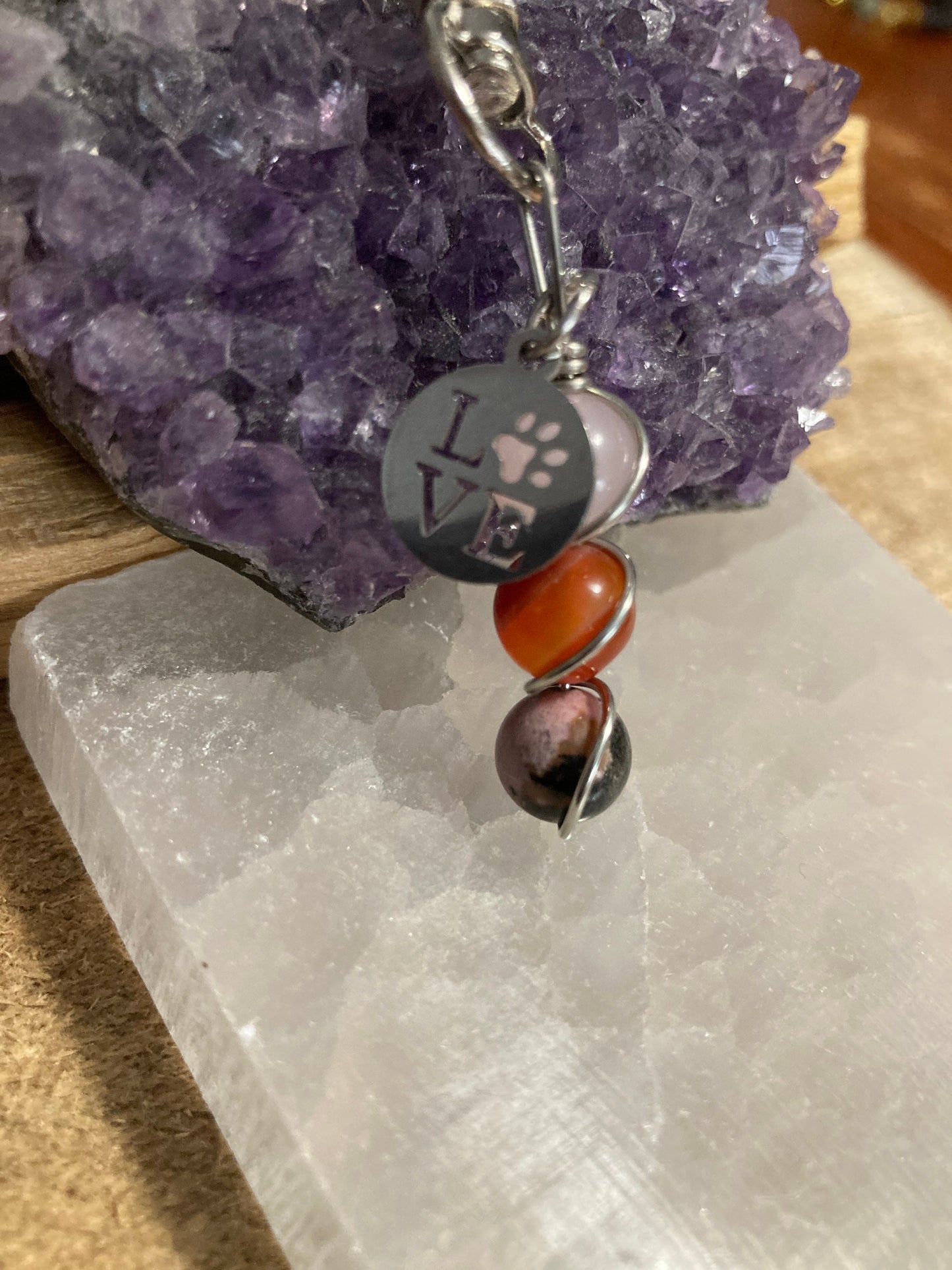 Crystal Healing Pet Charm for Dog Harness or Cat Collar - Rose Quartz - Carnelian - Rhodonite - Key chain