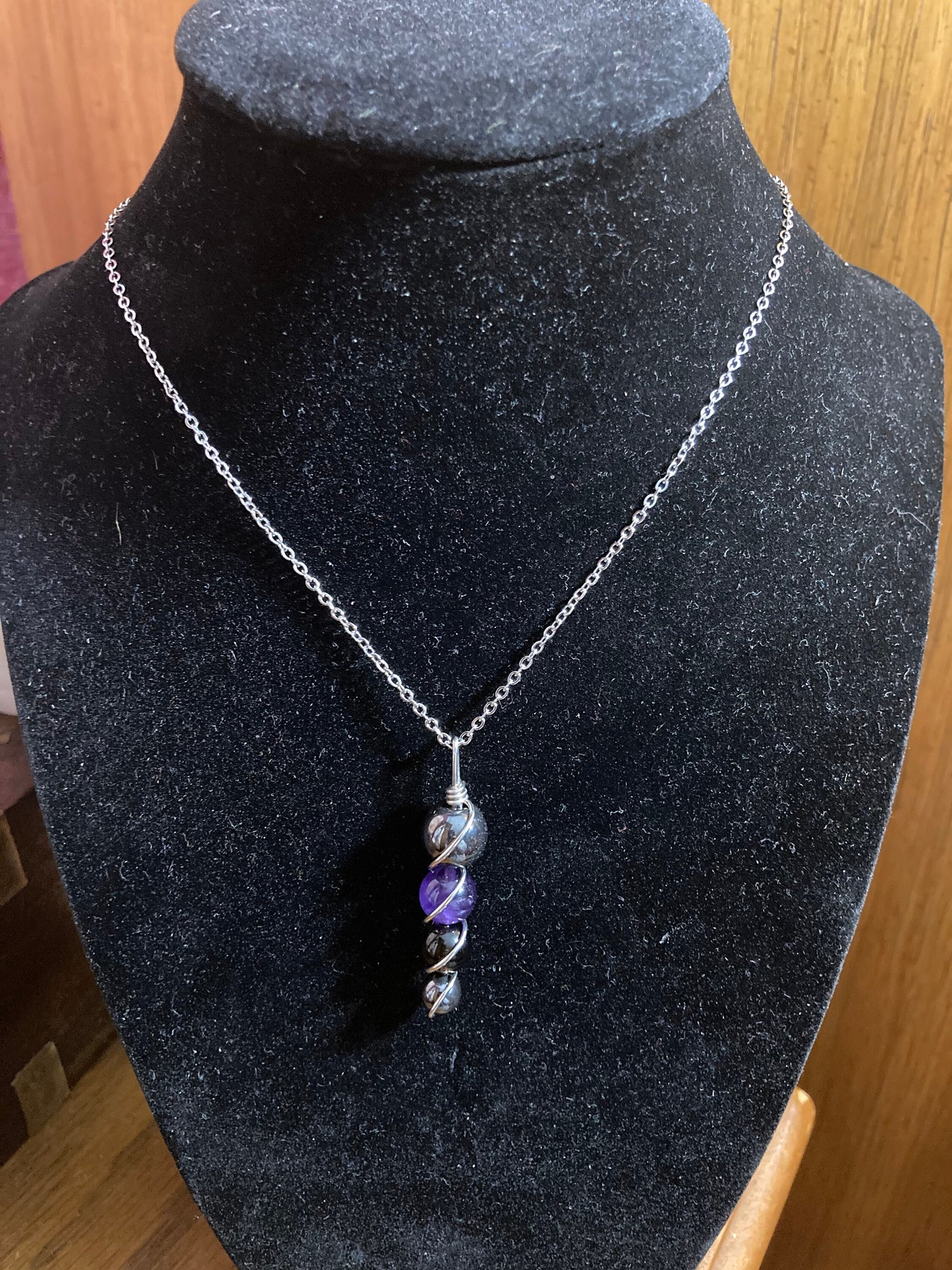 Grief & loss gemstone beaded necklace wire wrapped crystal bead pendant smoky quartz amethyst hematite