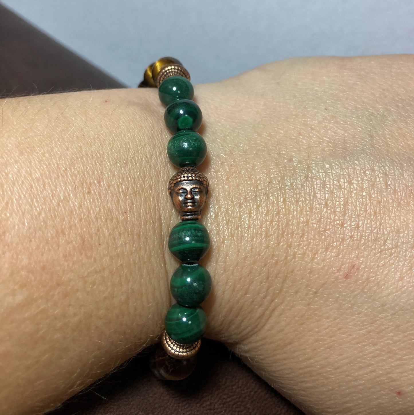 Protection & Good Luck Buddha bracelet - Malachite - Tigers eye - Copper - Lava beads