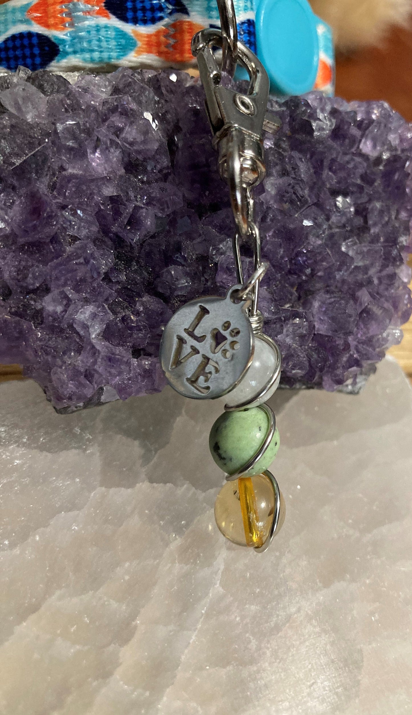 Dog and Cat Pet Collar Charm - Moonstone, Chrysoprase and Citrine Crystal for Healing, Calm & Positive Energy