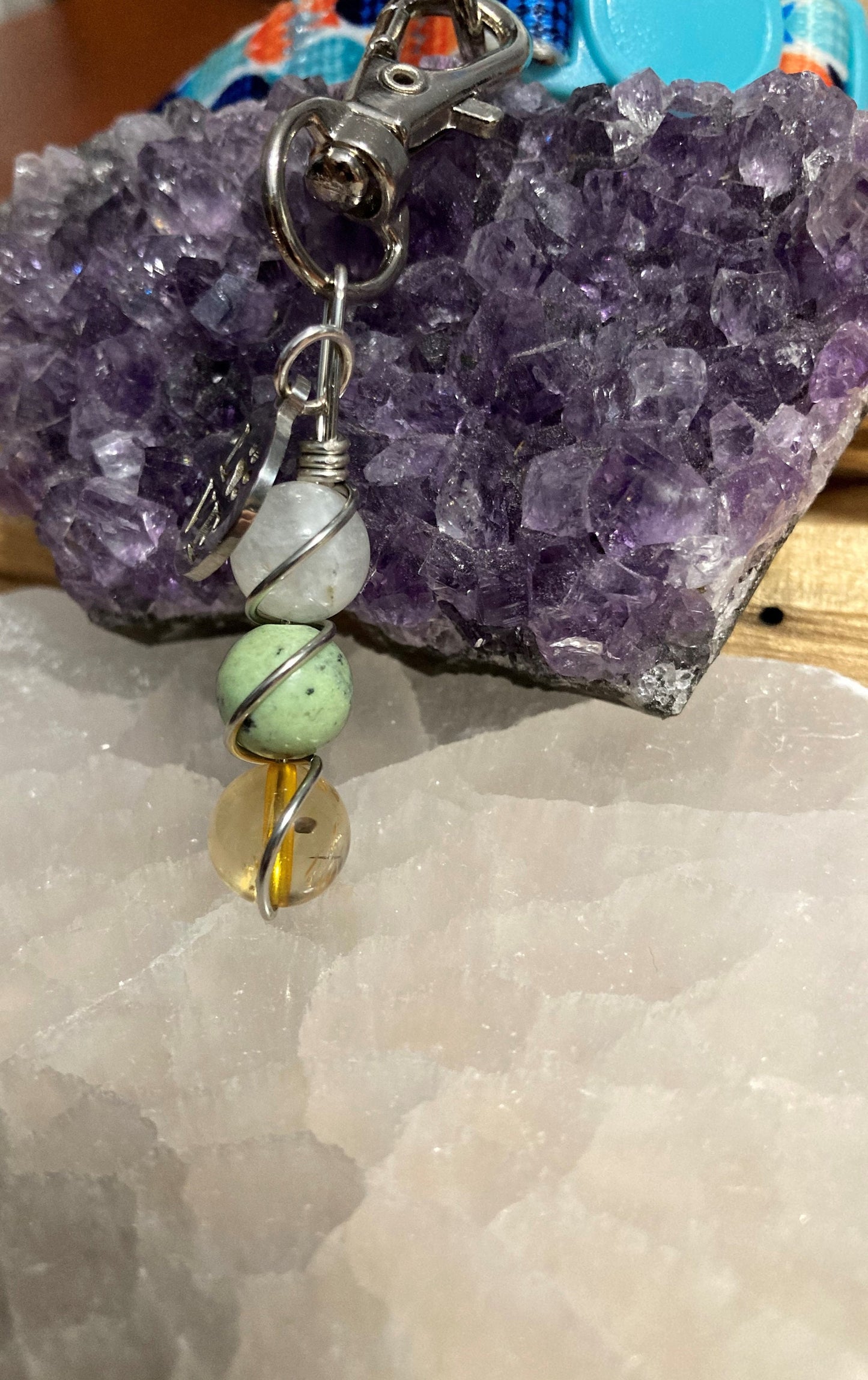 Dog and Cat Pet Collar Charm - Moonstone, Chrysoprase and Citrine Crystal for Healing, Calm & Positive Energy