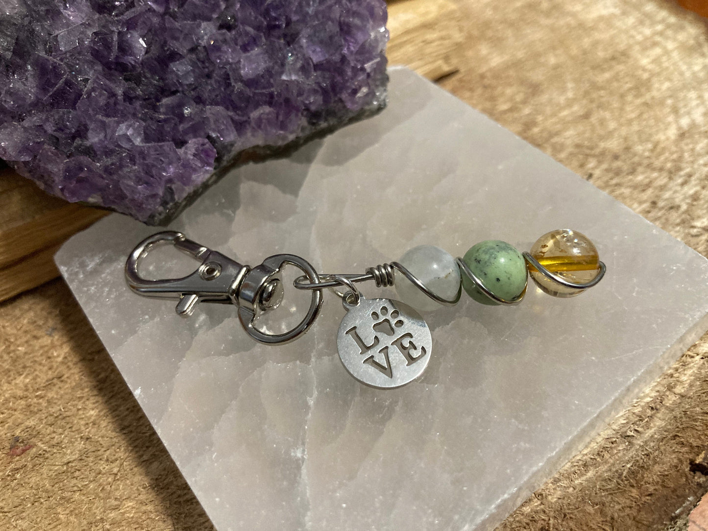 Dog and Cat Pet Collar Charm - Moonstone, Chrysoprase and Citrine Crystal for Healing, Calm & Positive Energy