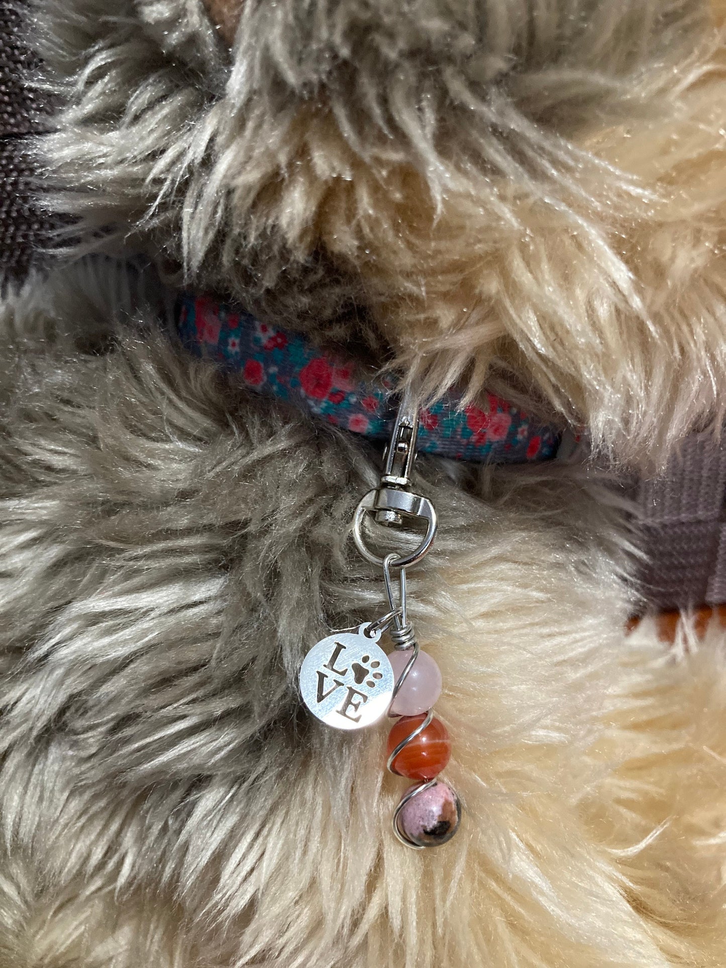 Crystal Healing Pet Charm for Dog Harness or Cat Collar - Rose Quartz - Carnelian - Rhodonite - Key chain