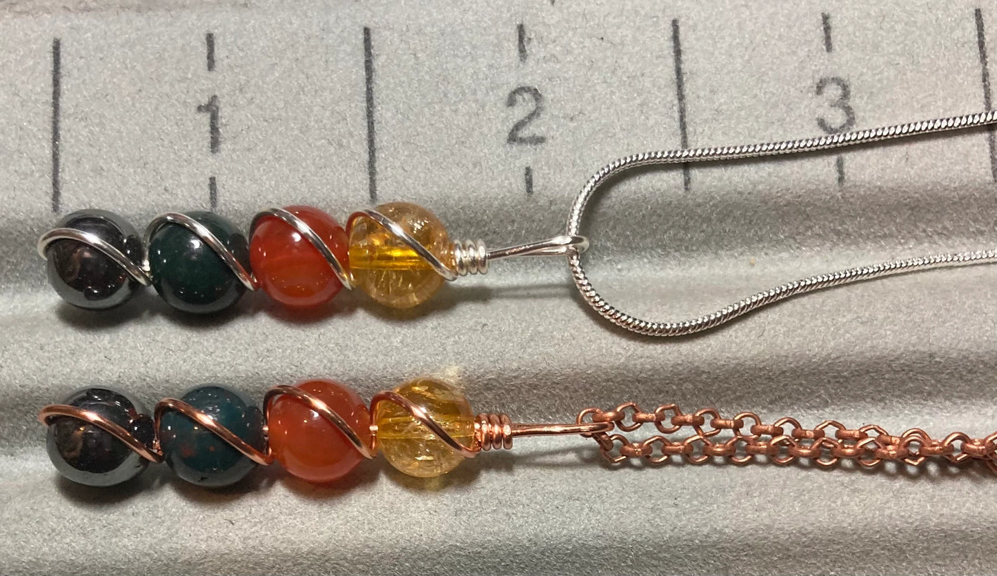 Kidney & Blood Support Necklace - Copper Wire Wrapped Pendant - Carnelian - Citrine - Hematite - Bloodstone - Crystal Healing Jewelry