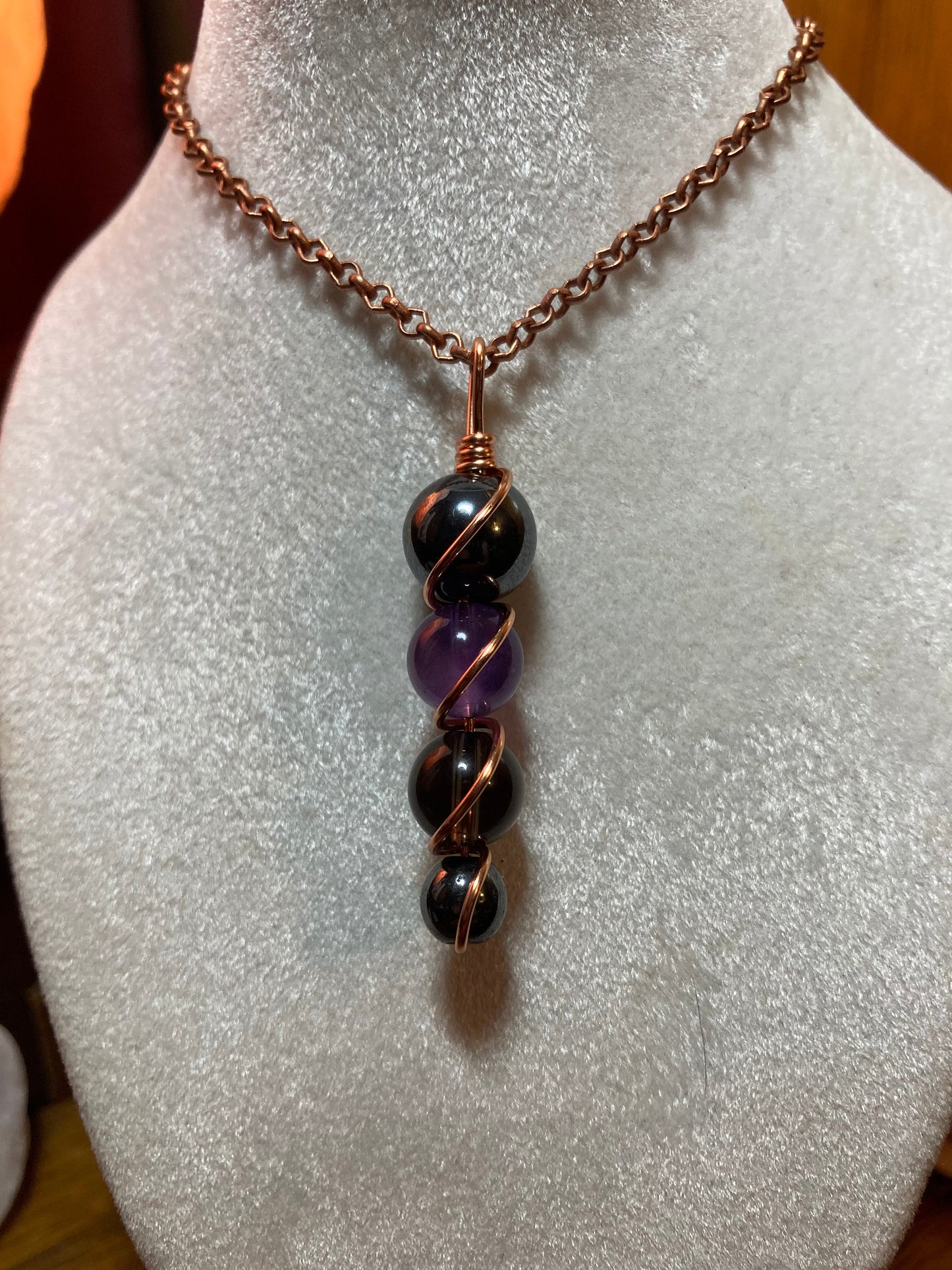 Grief & loss gemstone beaded necklace wire wrapped crystal bead pendant smoky quartz amethyst hematite