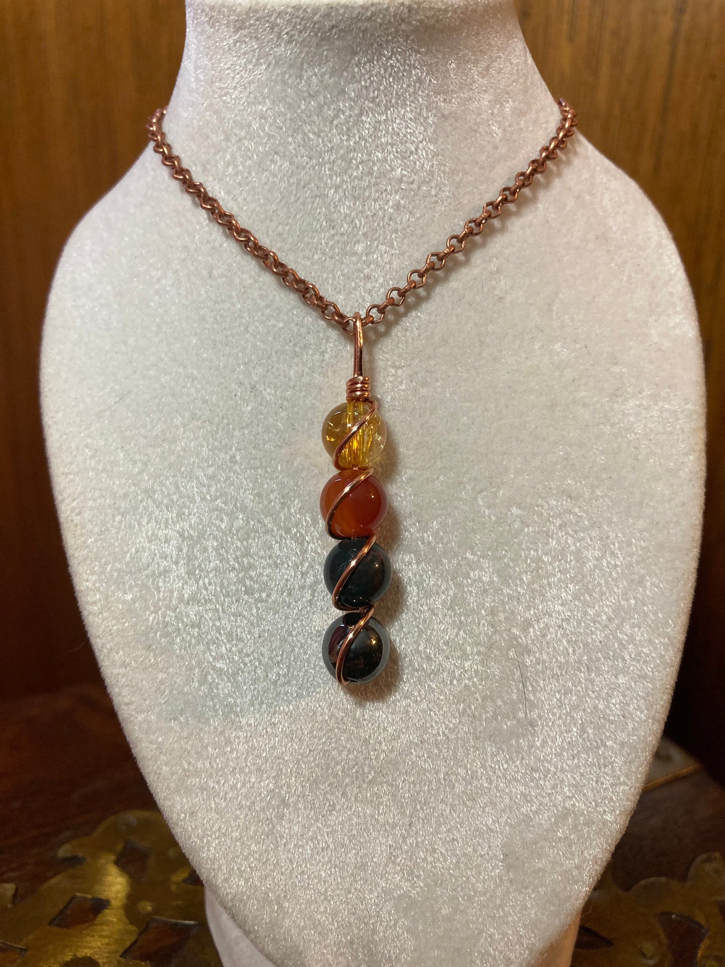 Kidney & Blood Support Necklace - Copper Wire Wrapped Pendant - Carnelian - Citrine - Hematite - Bloodstone - Crystal Healing Jewelry