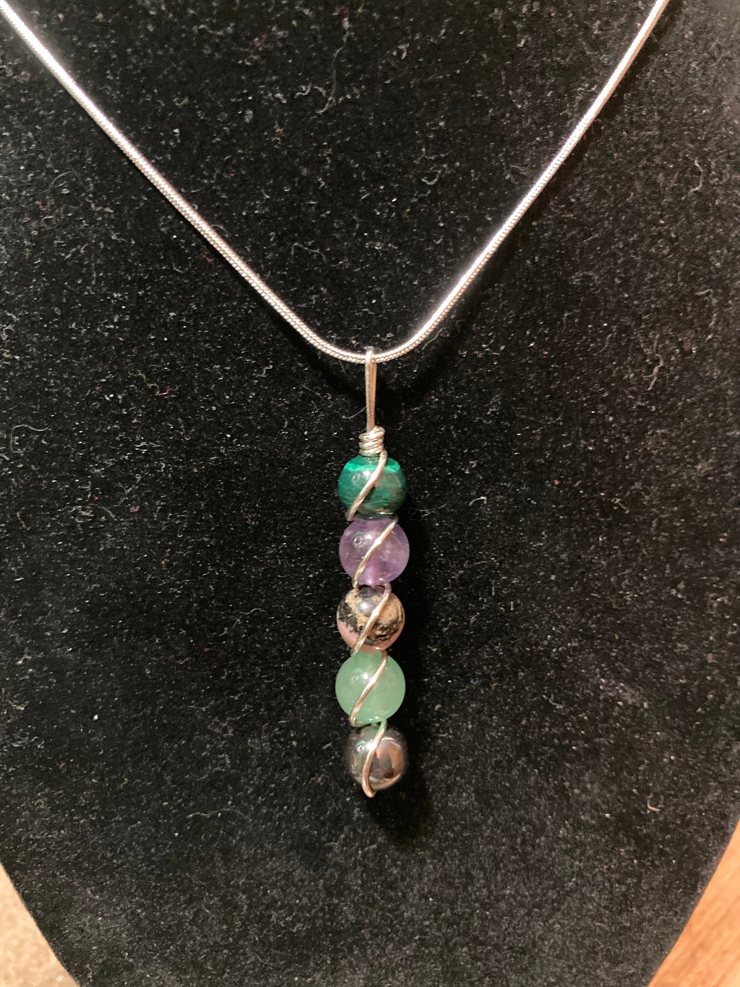 Inflammation & Arthritis support wire wrapped crystal healing pendant - malachite - rhodonite - amethyst - aventurine - hematite