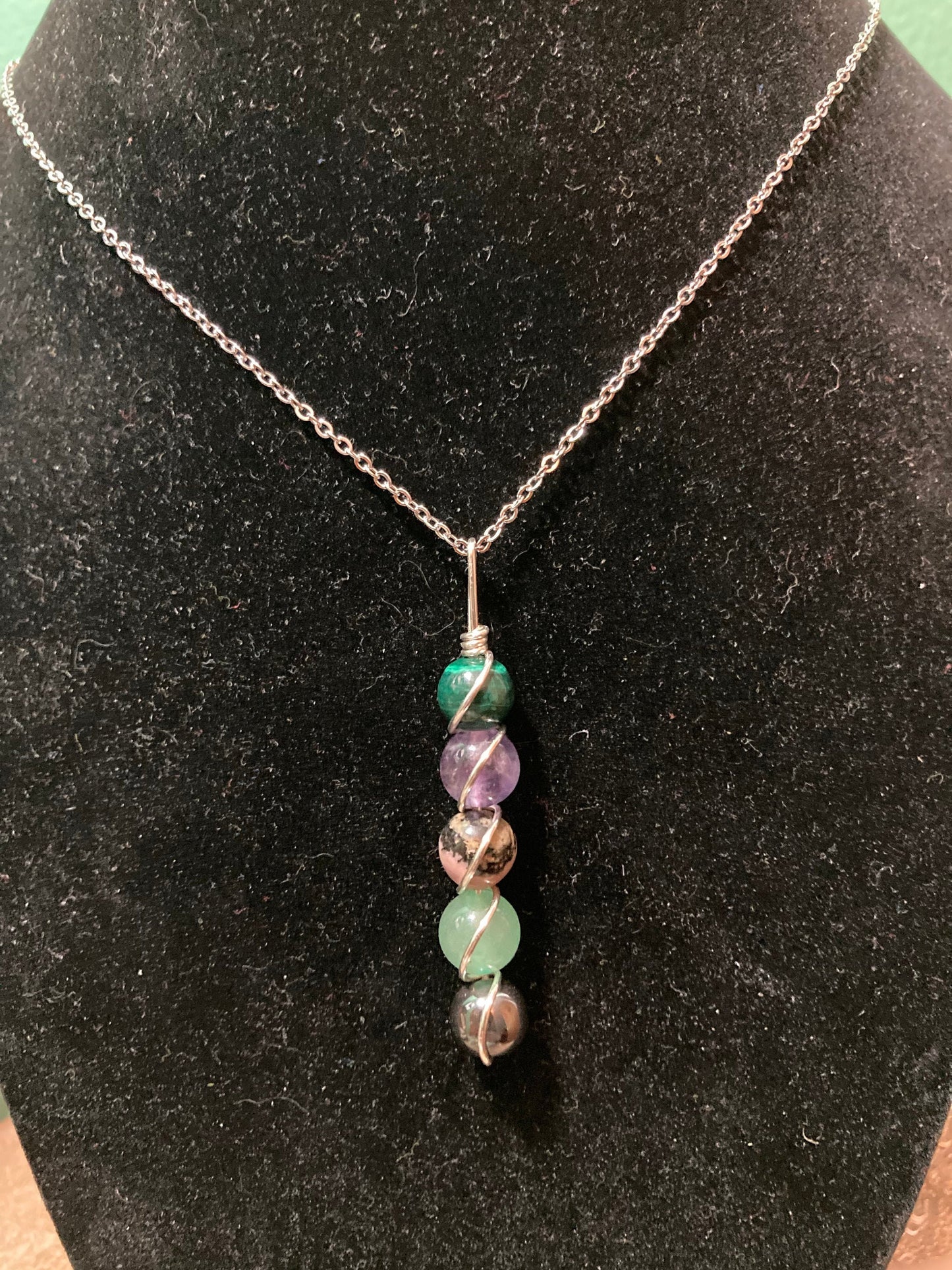 Inflammation & Arthritis support wire wrapped crystal healing pendant - malachite - rhodonite - amethyst - aventurine - hematite