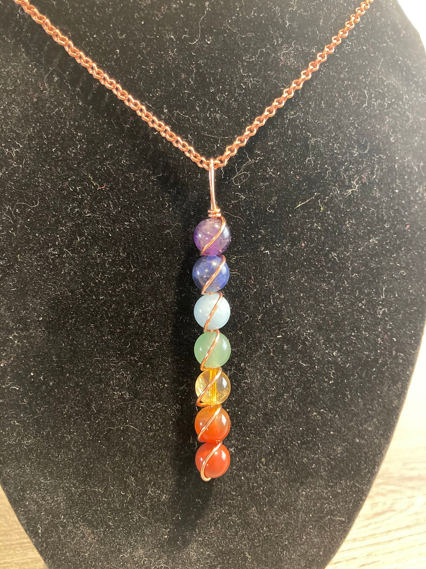 7 Chakra Necklace Pendant - Copper Wire Wrapped Jewelry - Amethyst - Sodalite - Aquamarine - Aventurine - Citrine - Carnelian - Red Jasper