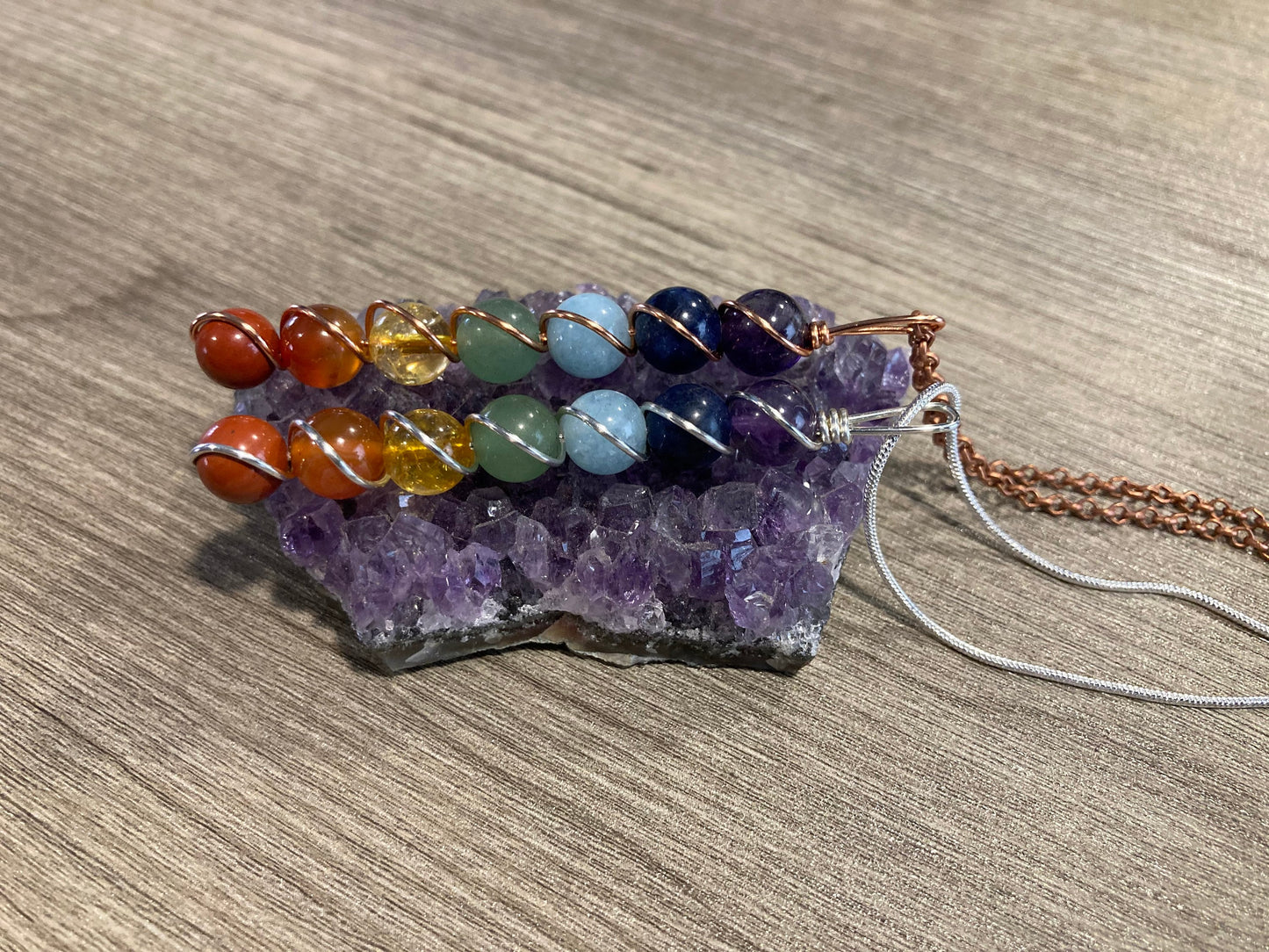 7 Chakra Necklace Pendant - Copper Wire Wrapped Jewelry - Amethyst - Sodalite - Aquamarine - Aventurine - Citrine - Carnelian - Red Jasper