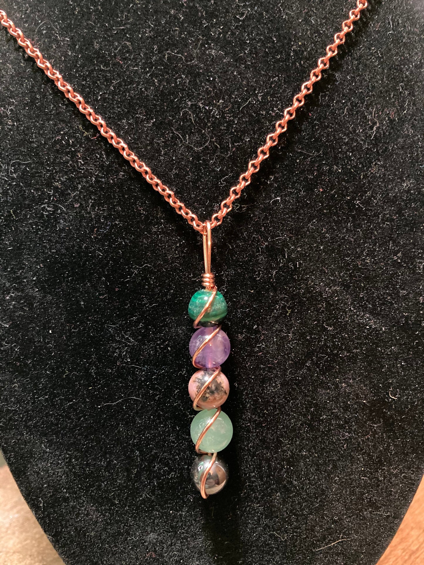 Inflammation & Arthritis support wire wrapped crystal healing pendant - malachite - rhodonite - amethyst - aventurine - hematite