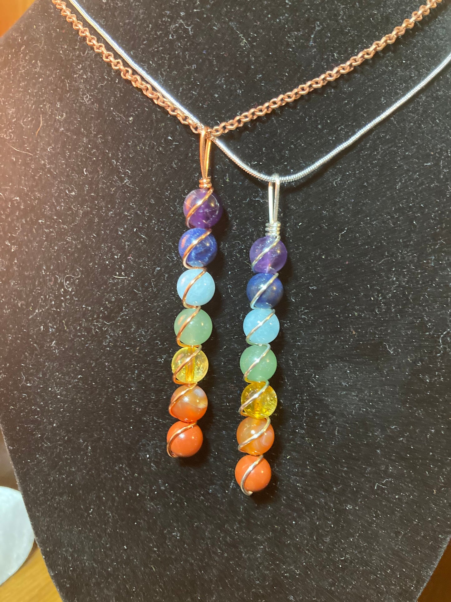 7 Chakra Necklace Pendant - Copper Wire Wrapped Jewelry - Amethyst - Sodalite - Aquamarine - Aventurine - Citrine - Carnelian - Red Jasper