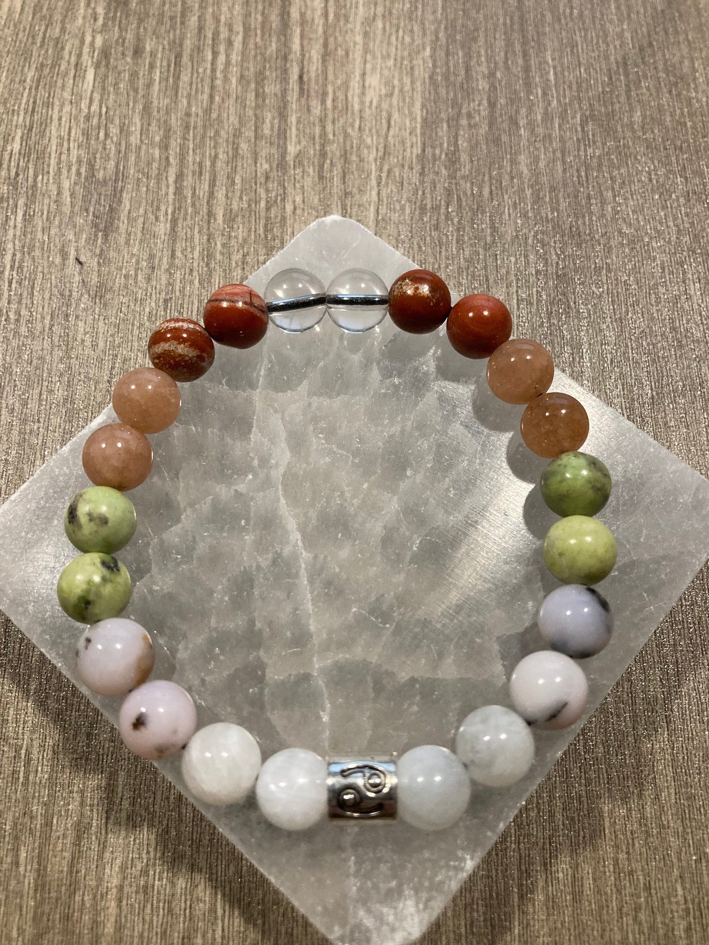 Cancer zodiac astrology bracelet - June July - Crystal Jewelry - Red Jasper - Sunstone - Pink Opal - Moonstone - Chrysoprase - Clear Quartz