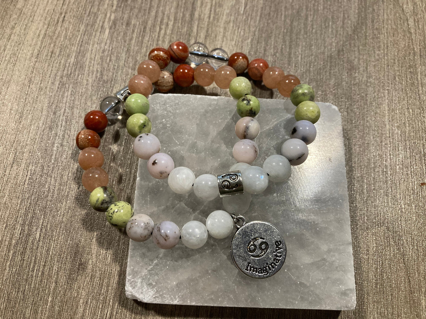 Cancer zodiac astrology bracelet - June July - Crystal Jewelry - Red Jasper - Sunstone - Pink Opal - Moonstone - Chrysoprase - Clear Quartz