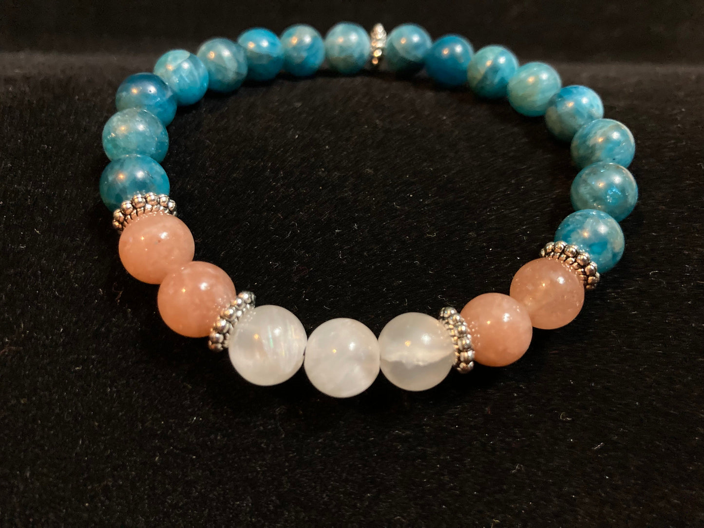 Blue Apatite - Selenite - Sunstone crystal intention bracelet for manifesting confidence, clarity & peace