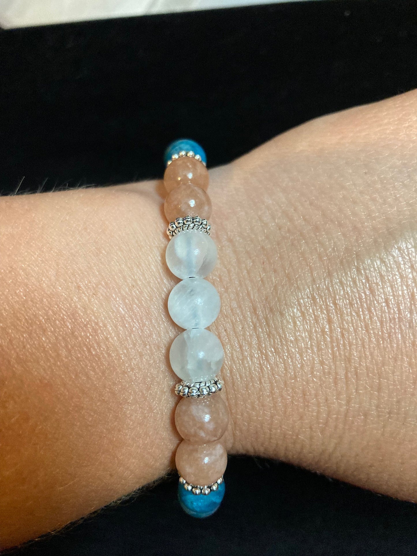 Blue Apatite - Selenite - Sunstone crystal intention bracelet for manifesting confidence, clarity & peace