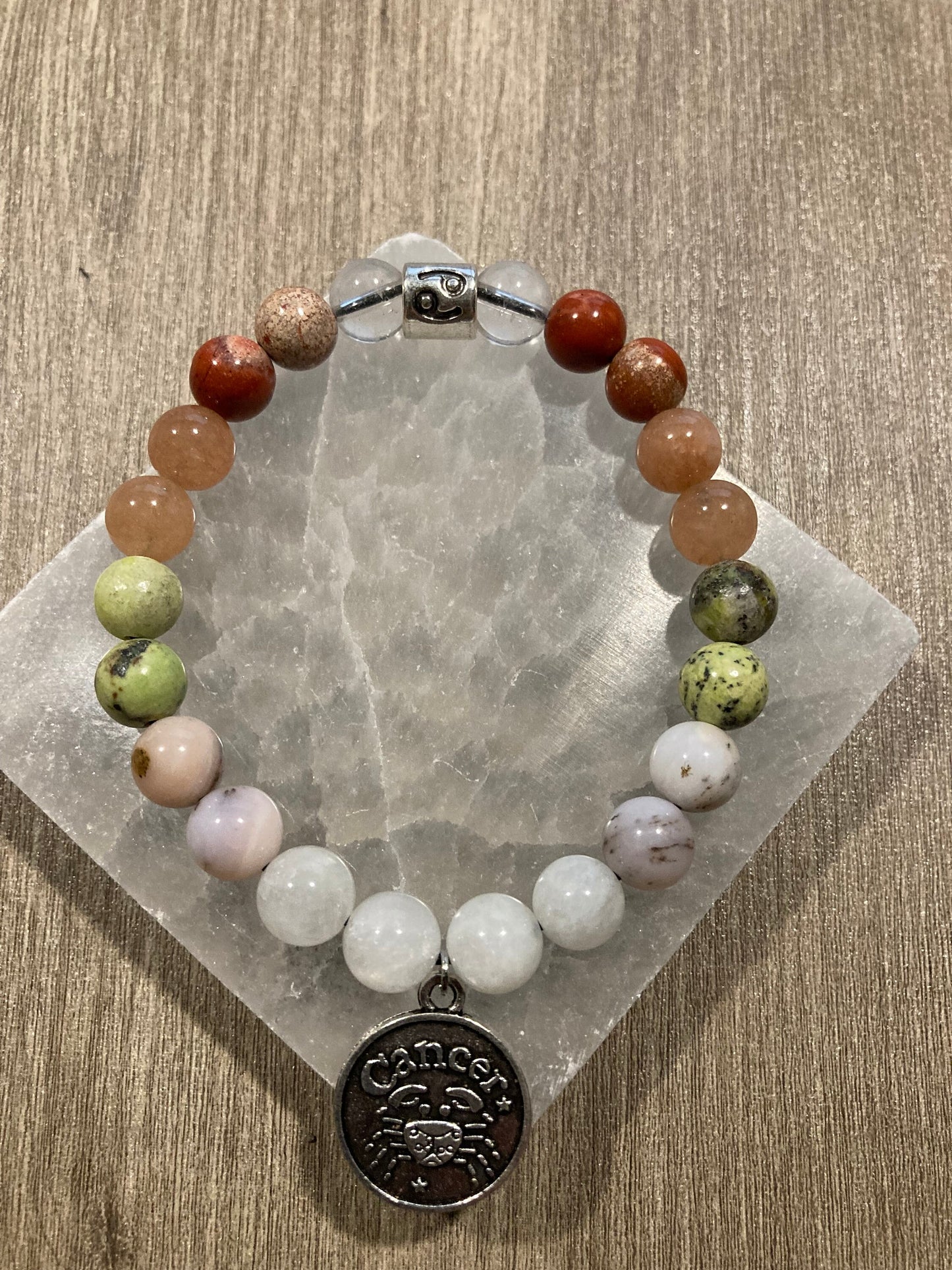 Cancer zodiac astrology bracelet - June July - Crystal Jewelry - Red Jasper - Sunstone - Pink Opal - Moonstone - Chrysoprase - Clear Quartz