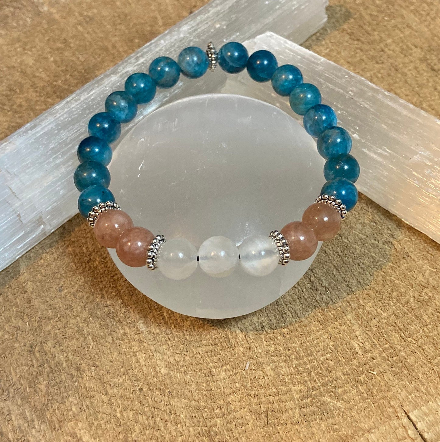 Blue Apatite - Selenite - Sunstone crystal intention bracelet for manifesting confidence, clarity & peace