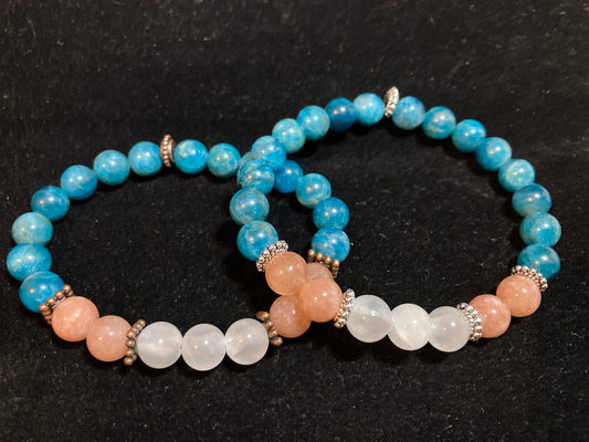 Blue Apatite - Selenite - Sunstone crystal intention bracelet for manifesting confidence, clarity & peace