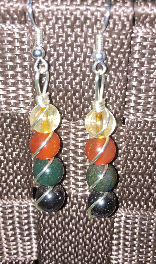 Kidney & Blood Support Drop Earrings - Wire Wrapped Shepard Hook - Crystal Healing Jewelry - Citrine - Carnelian - Bloodstone - Hematite - Copper