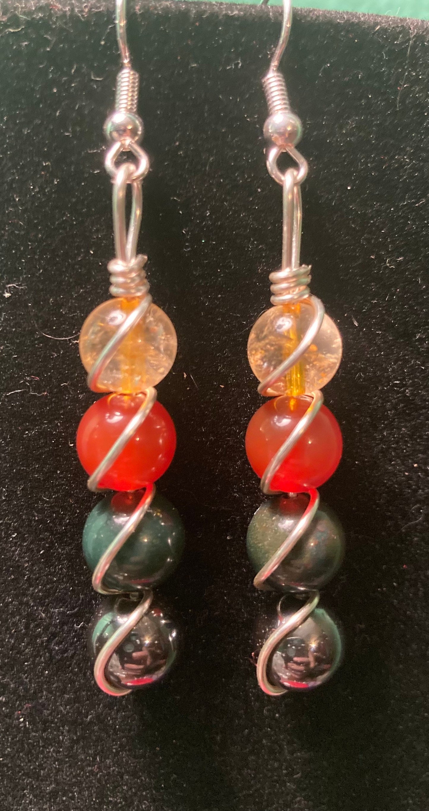 Kidney & Blood Support Drop Earrings - Wire Wrapped Shepard Hook - Crystal Healing Jewelry - Citrine - Carnelian - Bloodstone - Hematite - Copper