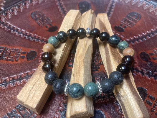 Earth Element Crystal Bracelet - Kambaba Jasper - Obsidian - Smoky Quartz - Cedar