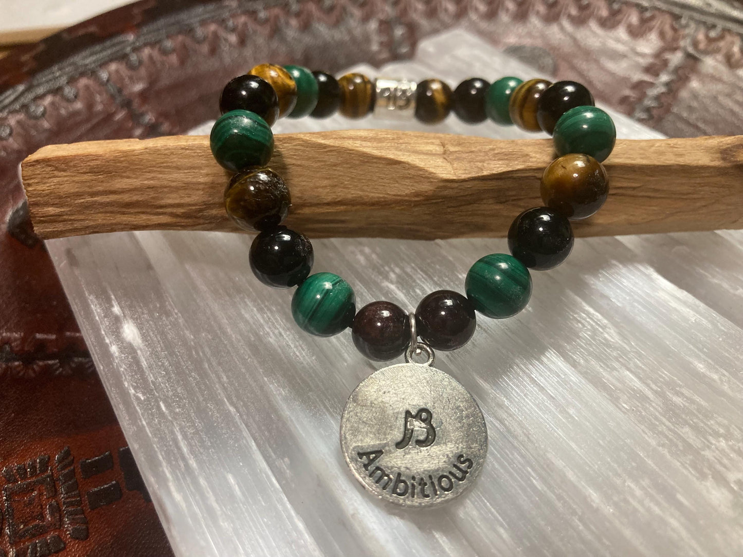 Capricorn Astrology Zodiac Bracelet - December January - Malachite - Tigers eye - Garnet - Obsidian