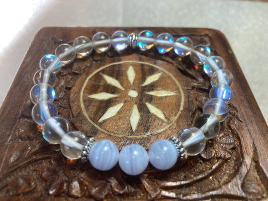 Celestial Harmony Bracelet - Blue Lace Agate - Aura Quartz - Crystal Healing Jewelry - Throat chakra