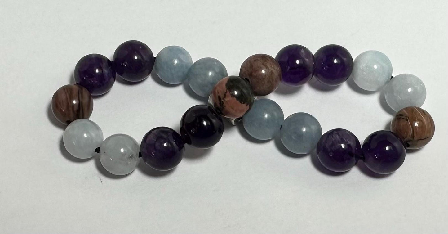 AQUARIUS Astrology Zodiac Bracelet - January February - Crystal Healing Jewelry - Aquamarine - Amethyst - Rhodonite - Moonstone