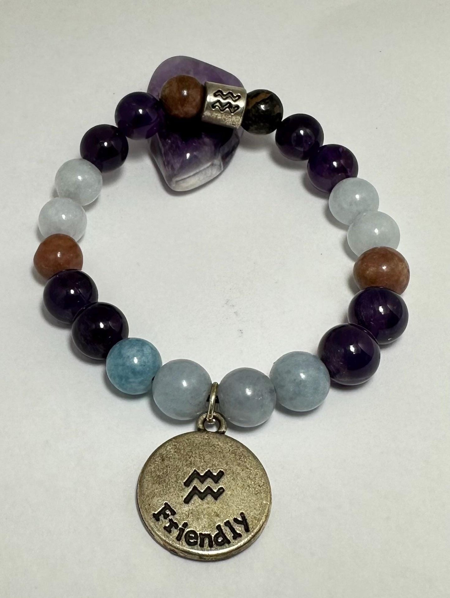 AQUARIUS Astrology Zodiac Bracelet - January February - Crystal Healing Jewelry - Aquamarine - Amethyst - Rhodonite - Moonstone