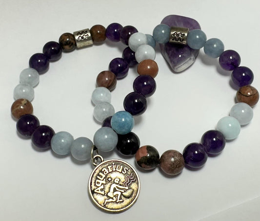 AQUARIUS Astrology Zodiac Bracelet - January February - Crystal Healing Jewelry - Aquamarine - Amethyst - Rhodonite - Moonstone