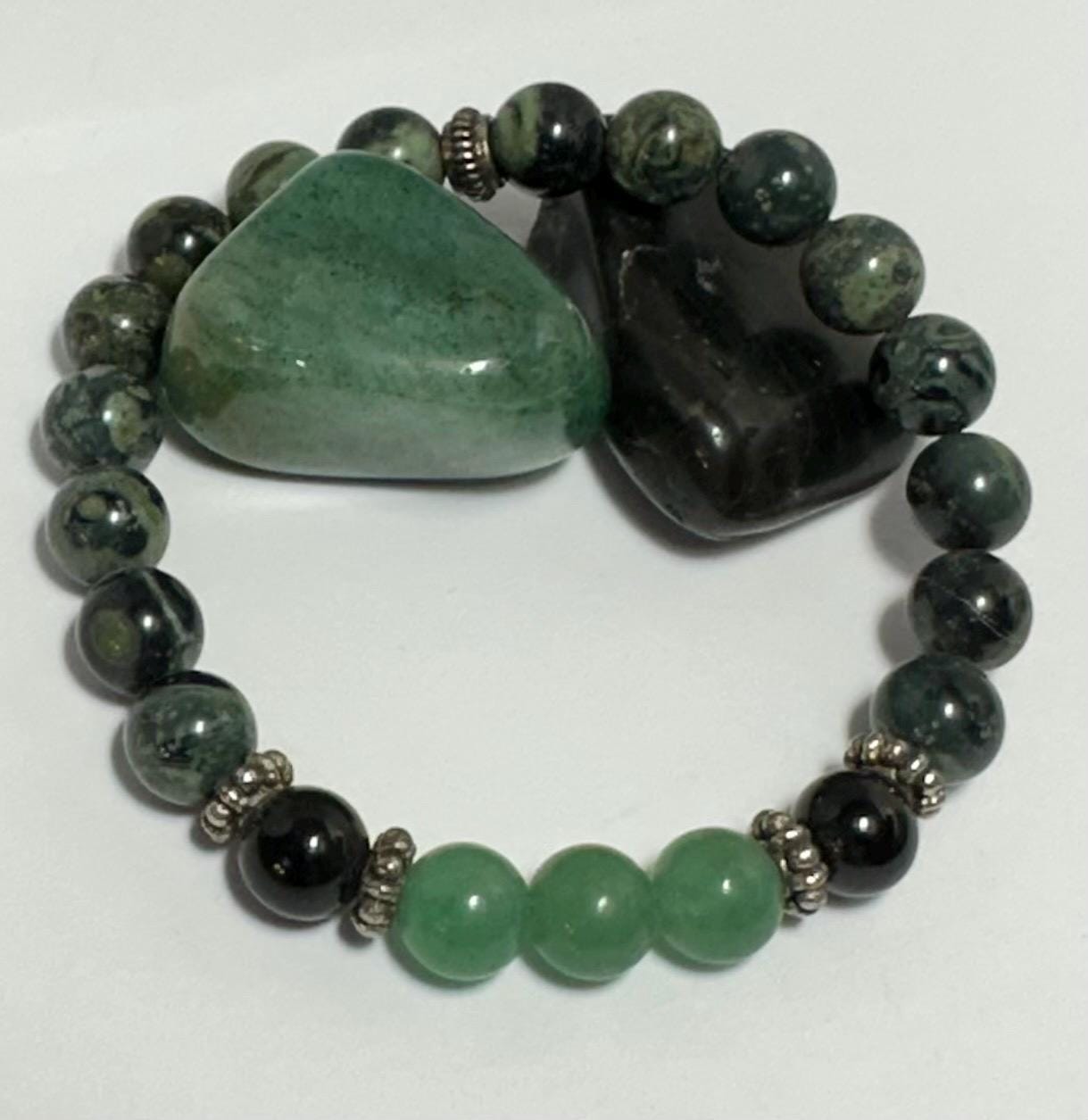 Earth's Embrace Bracelet - Kambaba Jasper - Green Aventurine - Black Obsidian - Crystal Healing Jewelry