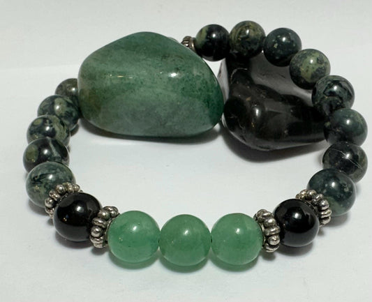 Earth's Embrace Bracelet - Kambaba Jasper - Green Aventurine - Black Obsidian - Crystal Healing Jewelry