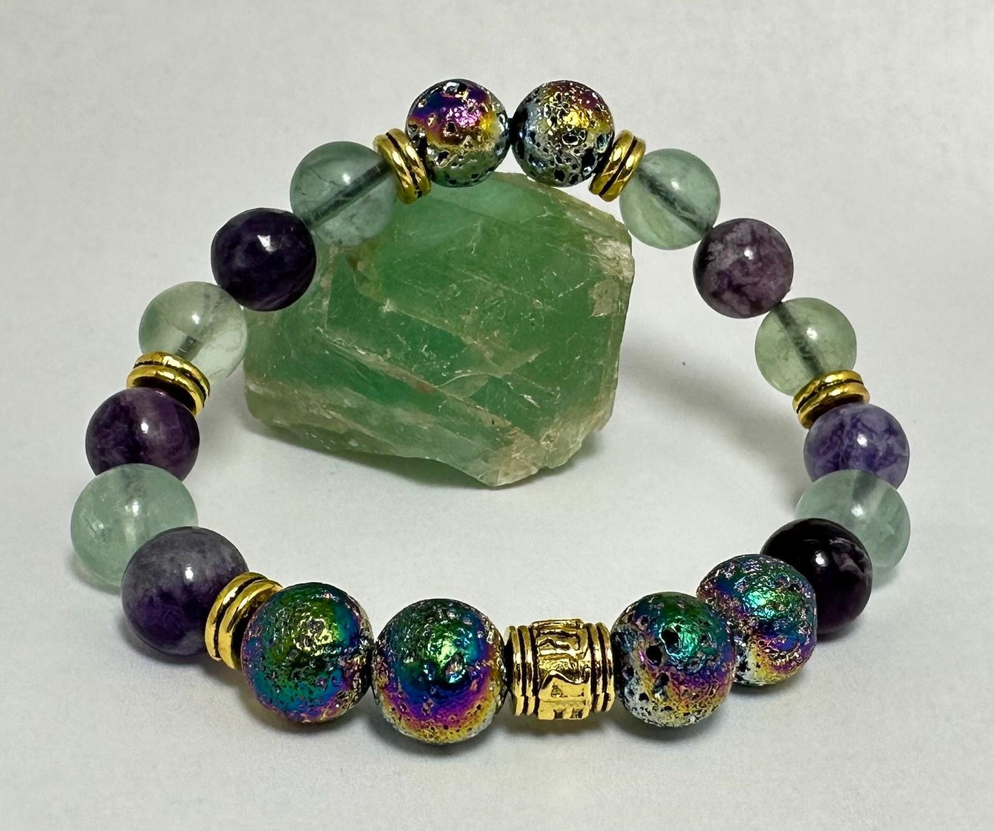 Aura Transformation Bracelet - Rainbow Fluorite - Aura Lava Stone - Crystal Healing Jewelry