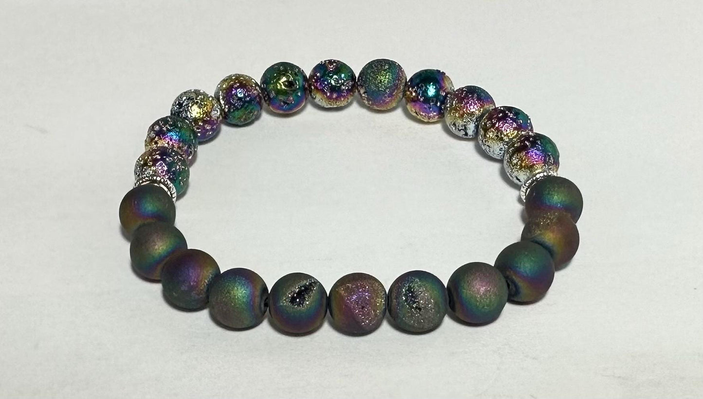 Galactic Ember Bracelet - Rainbow Aura Lava Stone - Druzy Agate - Crystal Healing Jewelry