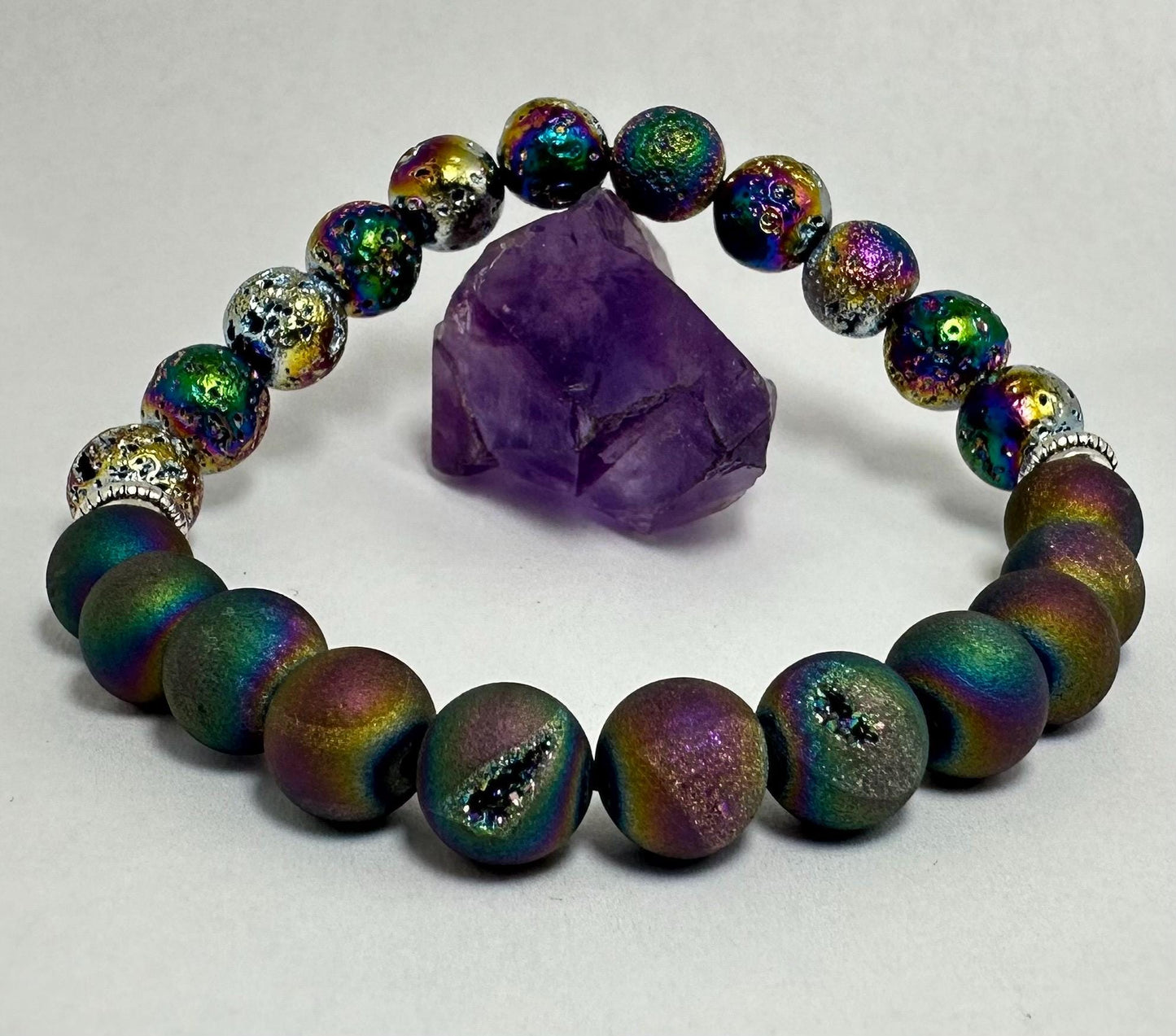 Galactic Ember Bracelet - Rainbow Aura Lava Stone - Druzy Agate - Crystal Healing Jewelry