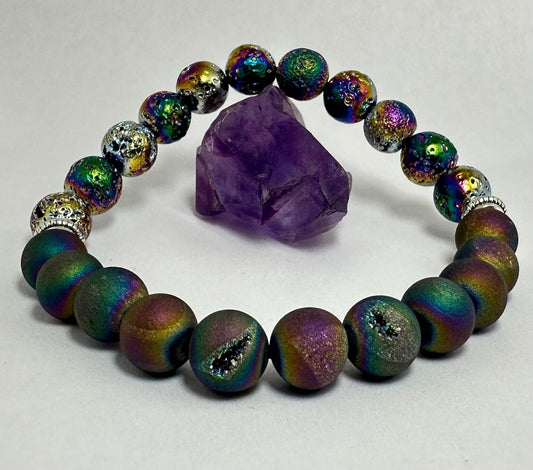 Galactic Ember Bracelet - Rainbow Aura Lava Stone - Druzy Agate - Crystal Healing Jewelry