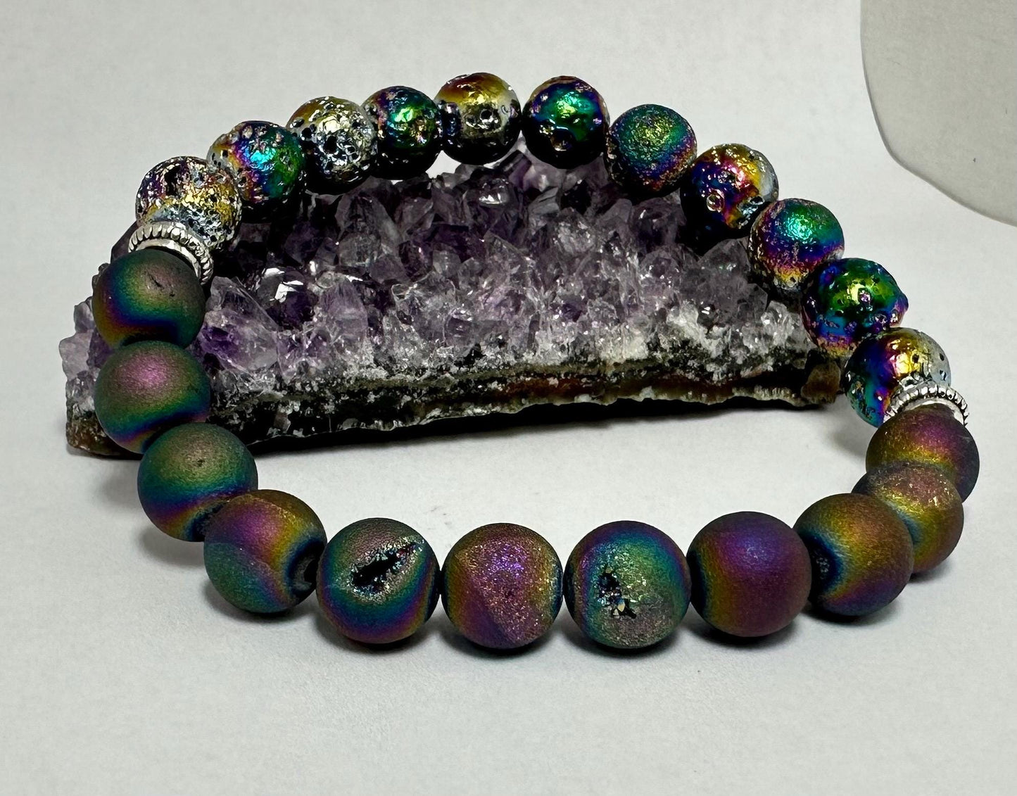 Galactic Ember Bracelet - Rainbow Aura Lava Stone - Druzy Agate - Crystal Healing Jewelry