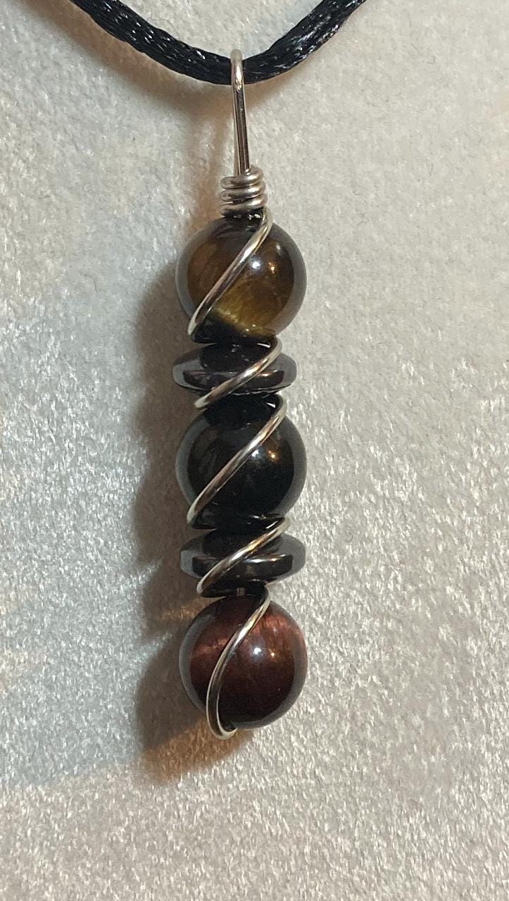 Focus & Clarity Necklace - Copper Wire Wrapped Pendant - Crystal Healing Jewelry - Tigers Eye - Hematite