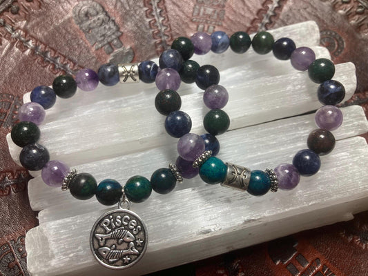 Pisces Astrology Zodiac Bracelet - February March - Sodalite - Amethyst - Bloodstone - Chrysocolla