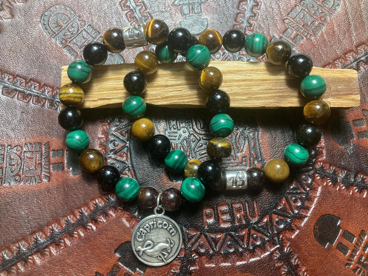 Capricorn Astrology Zodiac Bracelet - December January - Malachite - Tigers eye - Garnet - Obsidian