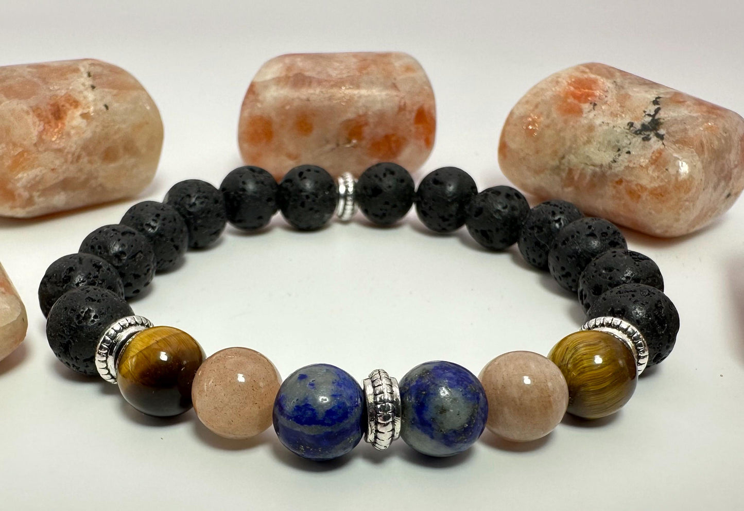 Luna y Sol - Moon & Sun - Moonstone - Sunstone beaded bracelet - Lapis Lazuli