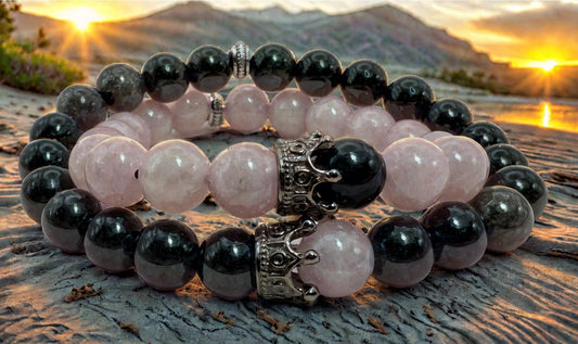 Couples Bracelets matching bracelet set - King & Queen -Rose Quartz - Black Obsidian