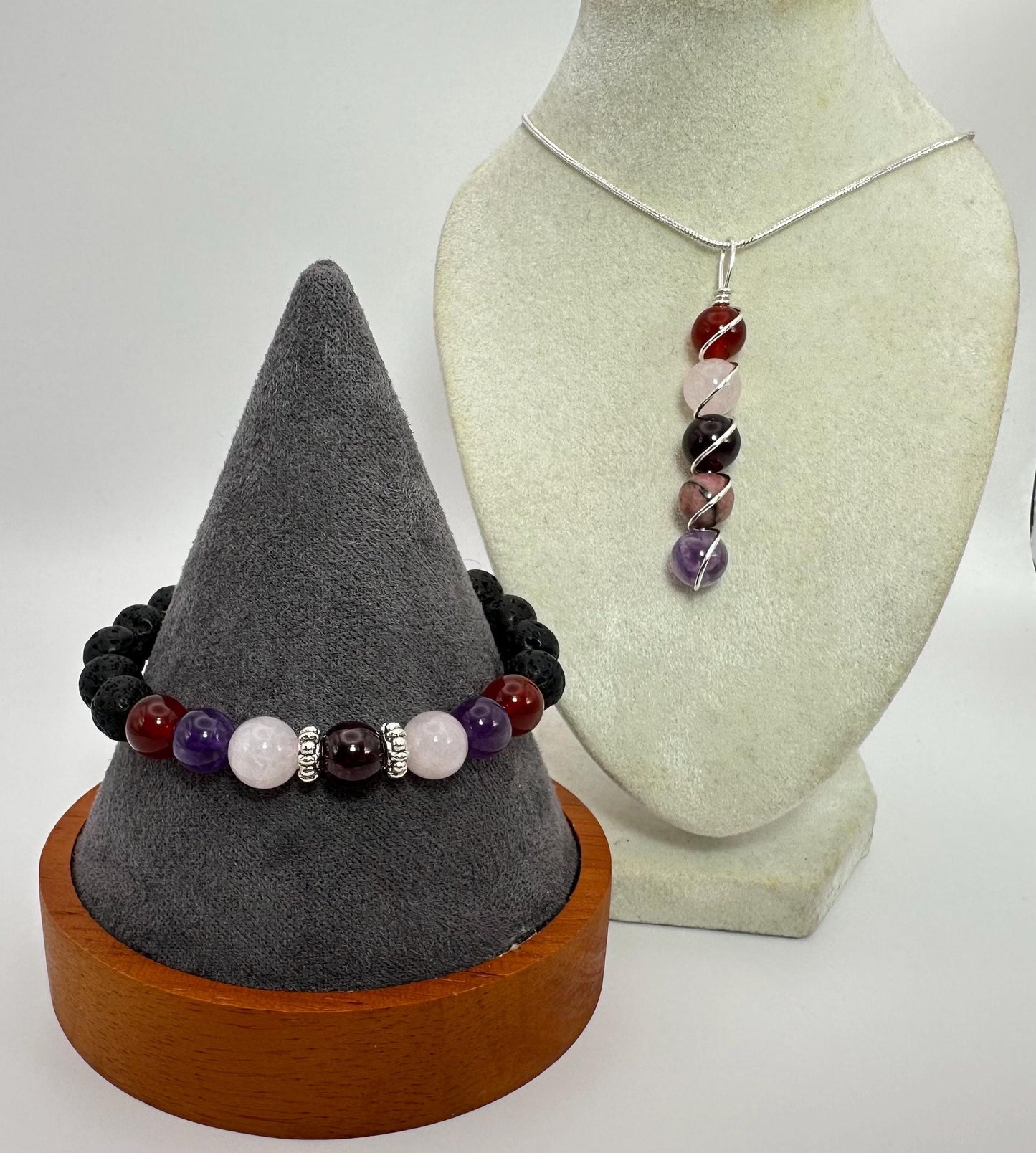 Attract Love Necklace & Bracelet set - Crystal Healing Jewelry - Red Agate - Rose Quartz - Garnet - Rhodonite - Amethyst